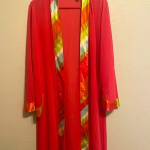 VintageValerie Stevens HOT PINK Long Robe, Rainbow Silk Trim - Size Small